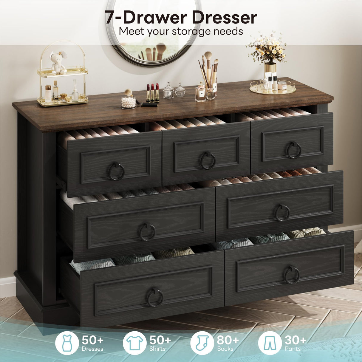 LIKIMIO Farmhouse Dresser for Bedroom with 7 Drawer, 47.2" Wide Wood Rustic Chest of Drawers with Round Metal Handle, Thickened Desktop, Storage Dressers for Bedroom, Hallway, Entryway, Black LIKIMIO