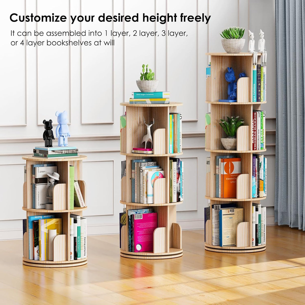 Rotating Bookshelf Tower – 4 Tier Wooden Book Shelf, Small Narrow Spinning Bookcase for Kids Rooms, Corner Bookshelf Organizer for Kids Books and Home Storage Kinembold