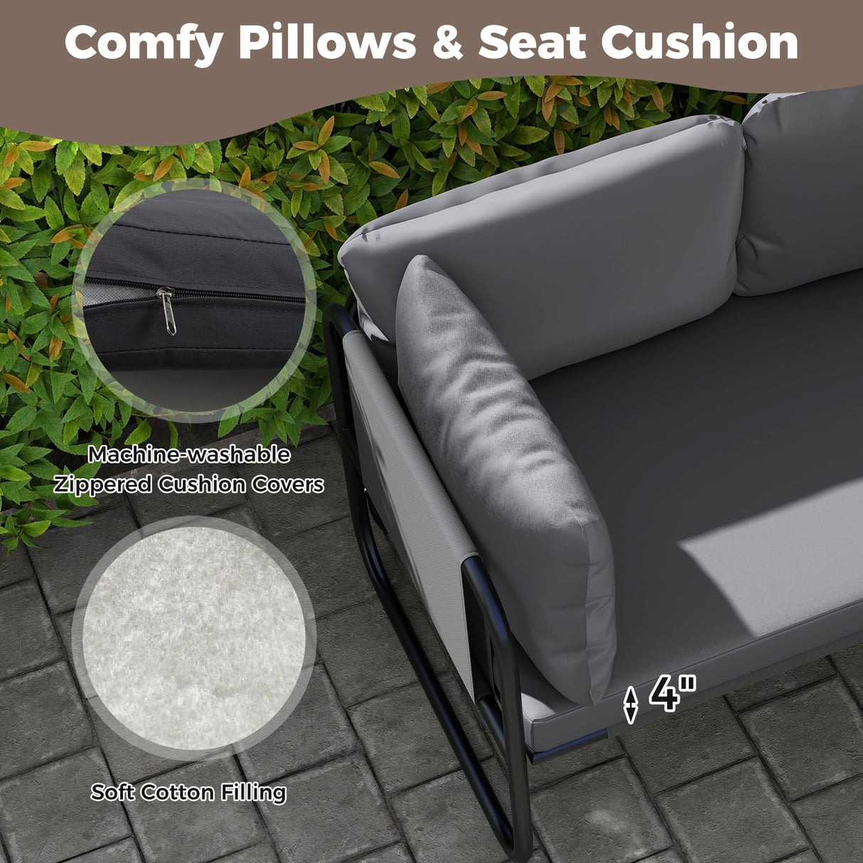 Tangkula Patio Loveseat, Sofa Couch with Removable Pillows & Seat Cushion, Side Armrest, Heavy Duty Metal Frame & Adjustable Foot Pads, Outdoor Double Chair Furniture for Garden (Grey + Black) Tangkula