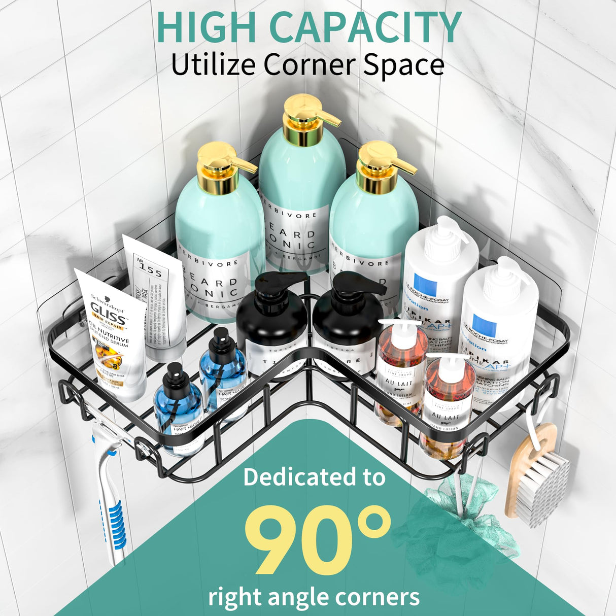 Moforoco Adhesive Corner Shower Caddy, 3 Pack Organizer Shelf with Soap Holder and 12 Hooks, Shelves Rustproof for Bathroom, Storage Basket Bathroom Accessories(Black) Moforoco