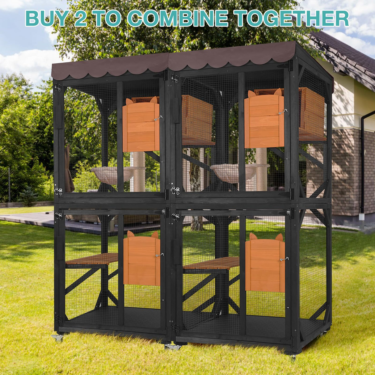 Catio Outdoor Cat Enclosure,Cat House with Wheels,Upgraded cat Scratching Post,Resting Box,Waterproof Roof for Patio Garden (Black, 31.5" L x 31.5" W x 70.9" H) Suumerpety