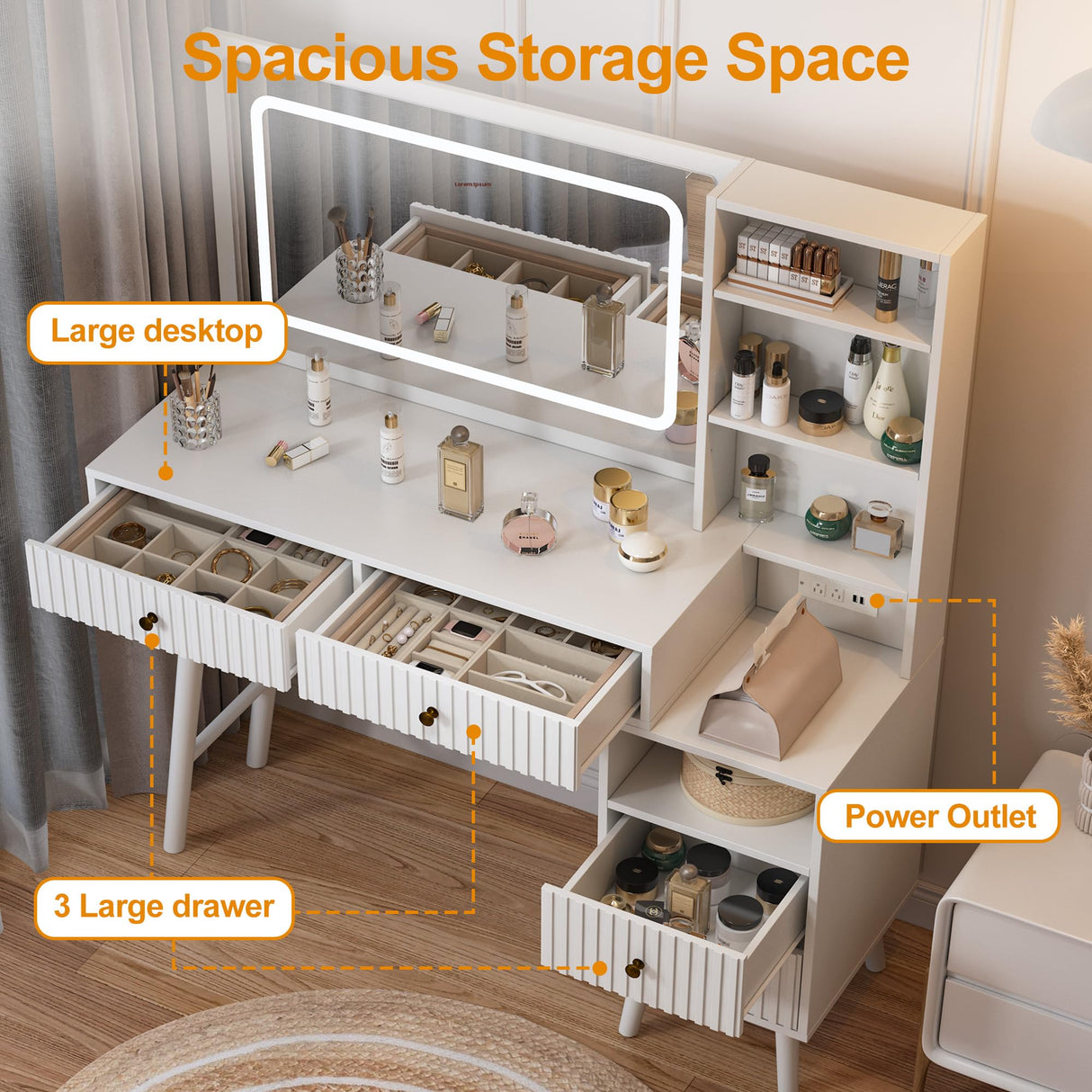 Fluted Makeup Vanity Desk with 36" Large Mirror and 3 Modes Adjustable Lights, 48" Big Modern Vanity Mirror with Lights and Charging Station, Vanity Table with Drawers and Solid Wood Legs for Bedroom HEYNEMO