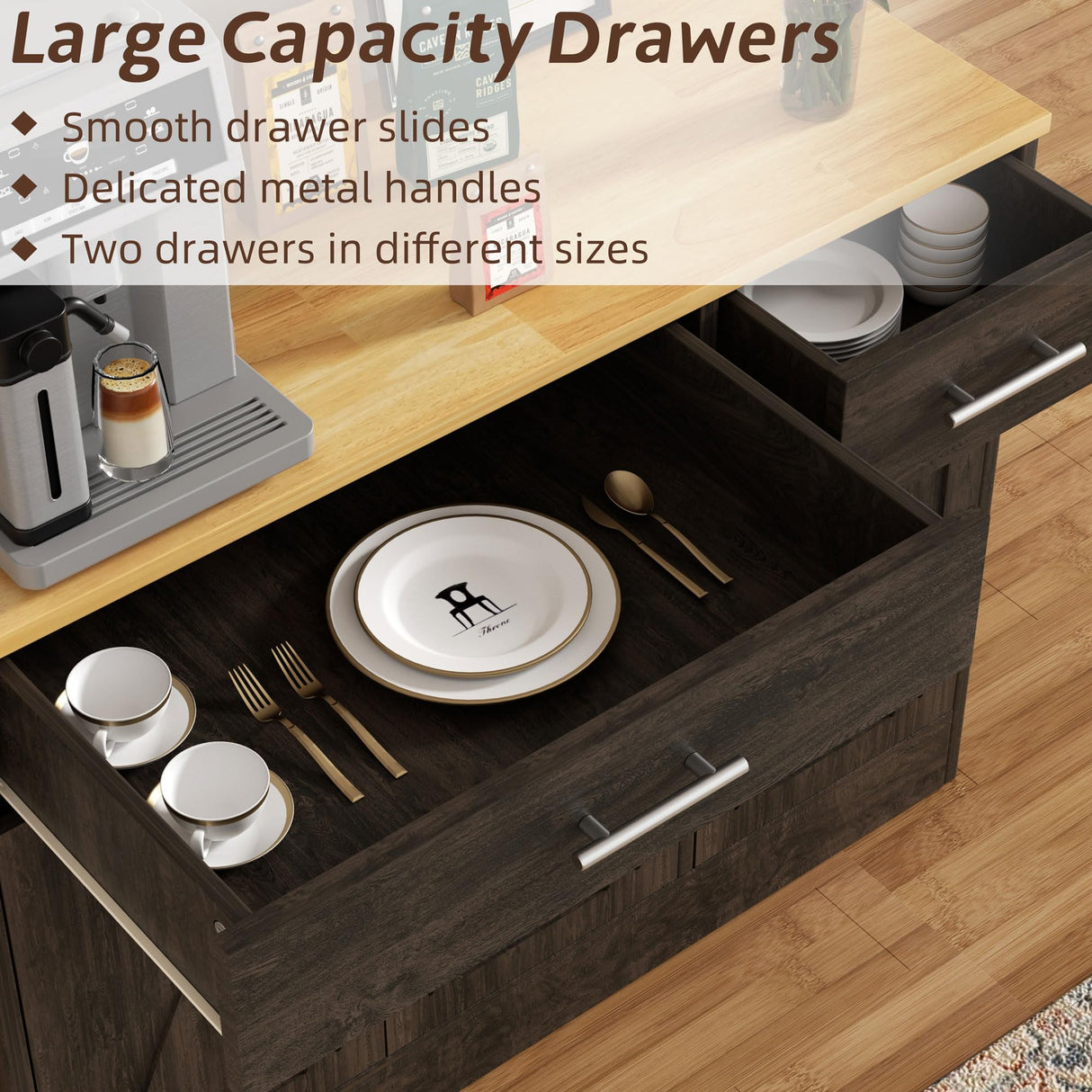 Meilocar Buffet Cabinet with Storage, Coffee Bar Cabinet, Farmhouse Storage Cabinet, Wood Kitchen Cabinet with Drawers and Shelves, Wide Sideboard Cabinet for Dining Room, Living Room, Dark Brown Meilocar