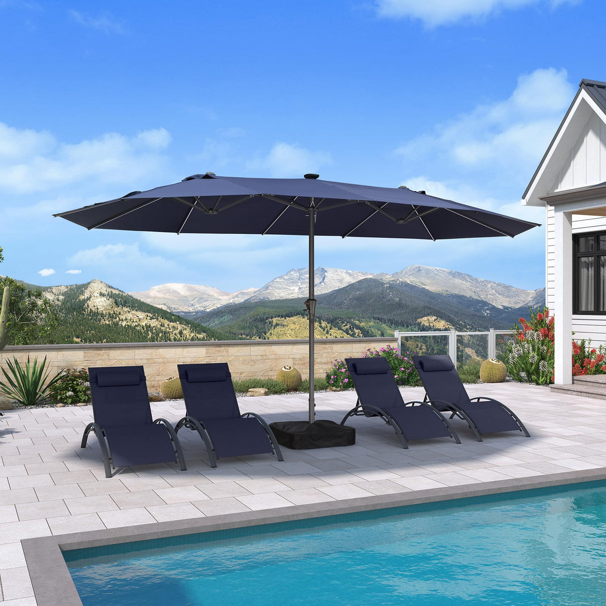 PURPLE LEAF 15ft Double-Side Patio Umbrella with Base and Solar Lights Outdoor Market Umbrella with Crank Handle Rectangle Umbrella for Backyard Pool Garden Deck, Navy blue PURPLE LEAF