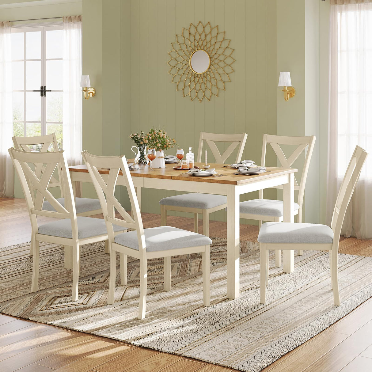 LUXOAK 7-Piece Farmhouse Solid Wood Dining Table Set with 6 Chairs, 60" Rectangular Dining Table & Chair Set for 6 People, Dining Table with Wood Legs, Table Set for Dining room, Kitchen, Rustic Cream LUXOAK