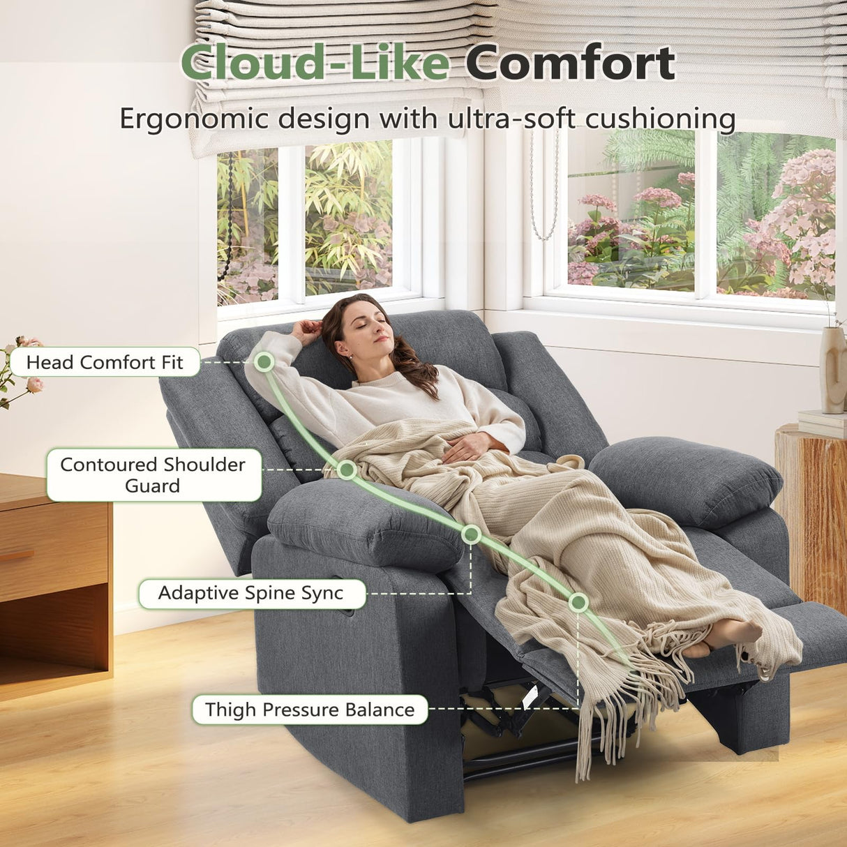 ANJ Fabric Recliner Chair Set of 2, with Overstuffed Arm and Back, Comfy Gray Manual Reclining Chairs for Adults, Living Room Single Sofa Recliners ANJ