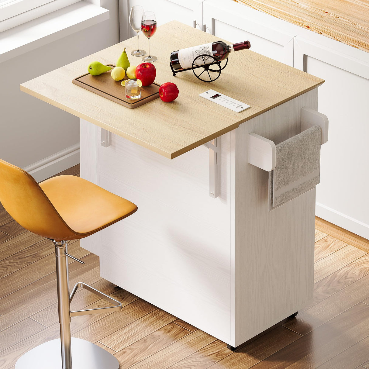 IRONCK Kitchen Island Table with Storage, Rolling Kitchen Cart with Power Outlet, Storage Cabinets on Wheels with Drop Leaf, Portable for Dining Room, White IRONCK