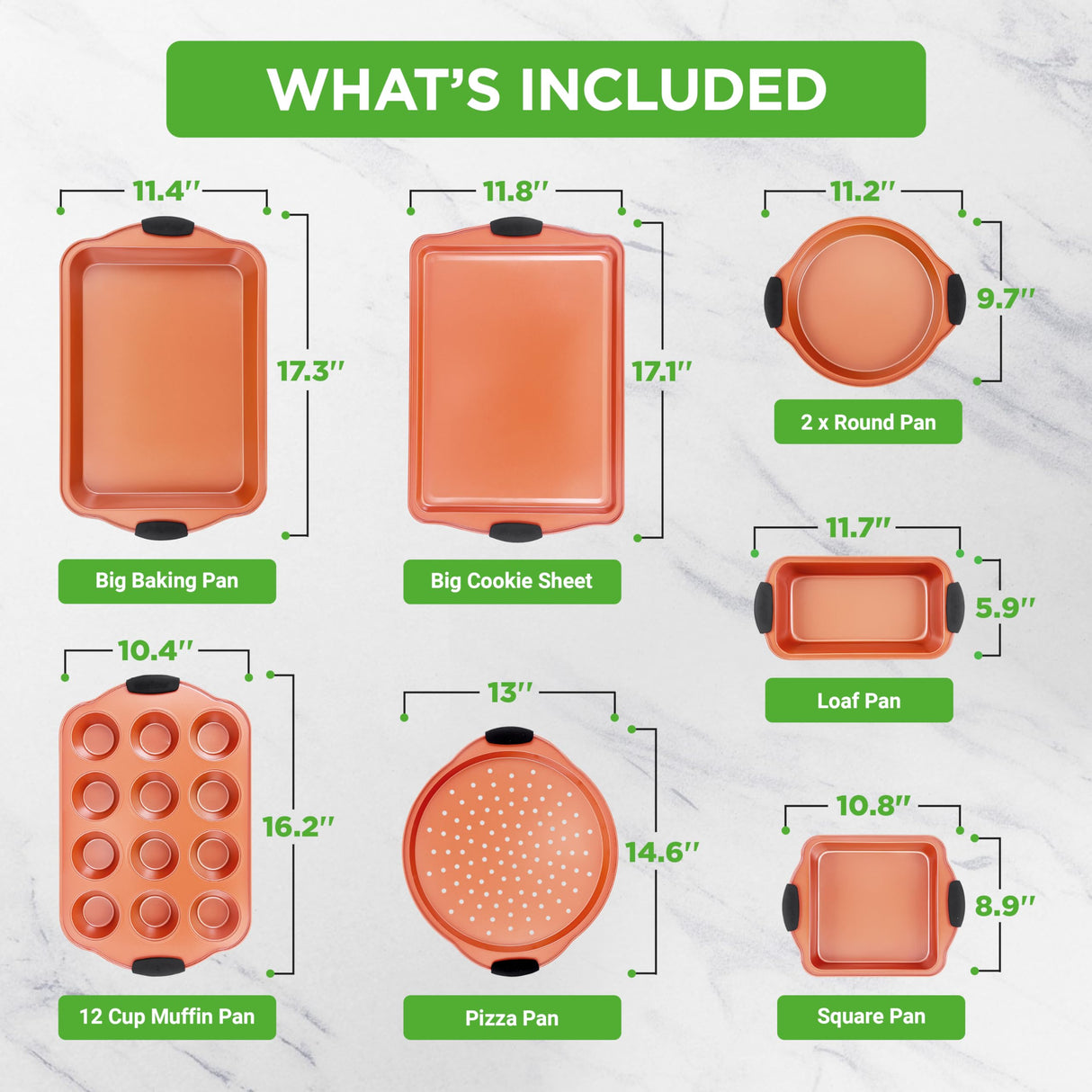 NutriChef 8 Piece Baking Pans Set - Nonstick Carbon Steel Bakeware Set w/ Silicone Heat-Safe Handles - Includes Loaf Pan, Muffin Pan, Cookie Sheets, Pizza Crisper, Roasting Pans - Copper NutriChef