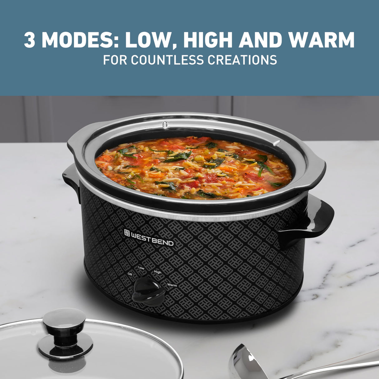 West Bend Slow Cooker 4-Quart Manual Crockery Style with Dishwasher Safe Oval Ceramic Crockpot and Glass Lid Two Temperature Settings Plus Keep Warm, 210-Watts, Black West Bend