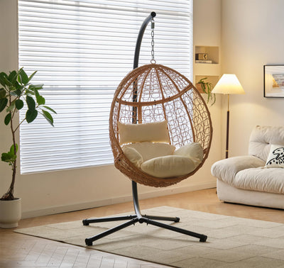 Indoor/Outdoor Hanging Chair/Hammock Chair with Stand, Hanging Swing Egg Chair with Removable & Washable Grey Cushions for Bedroom Living-Room Balcony or Patio
