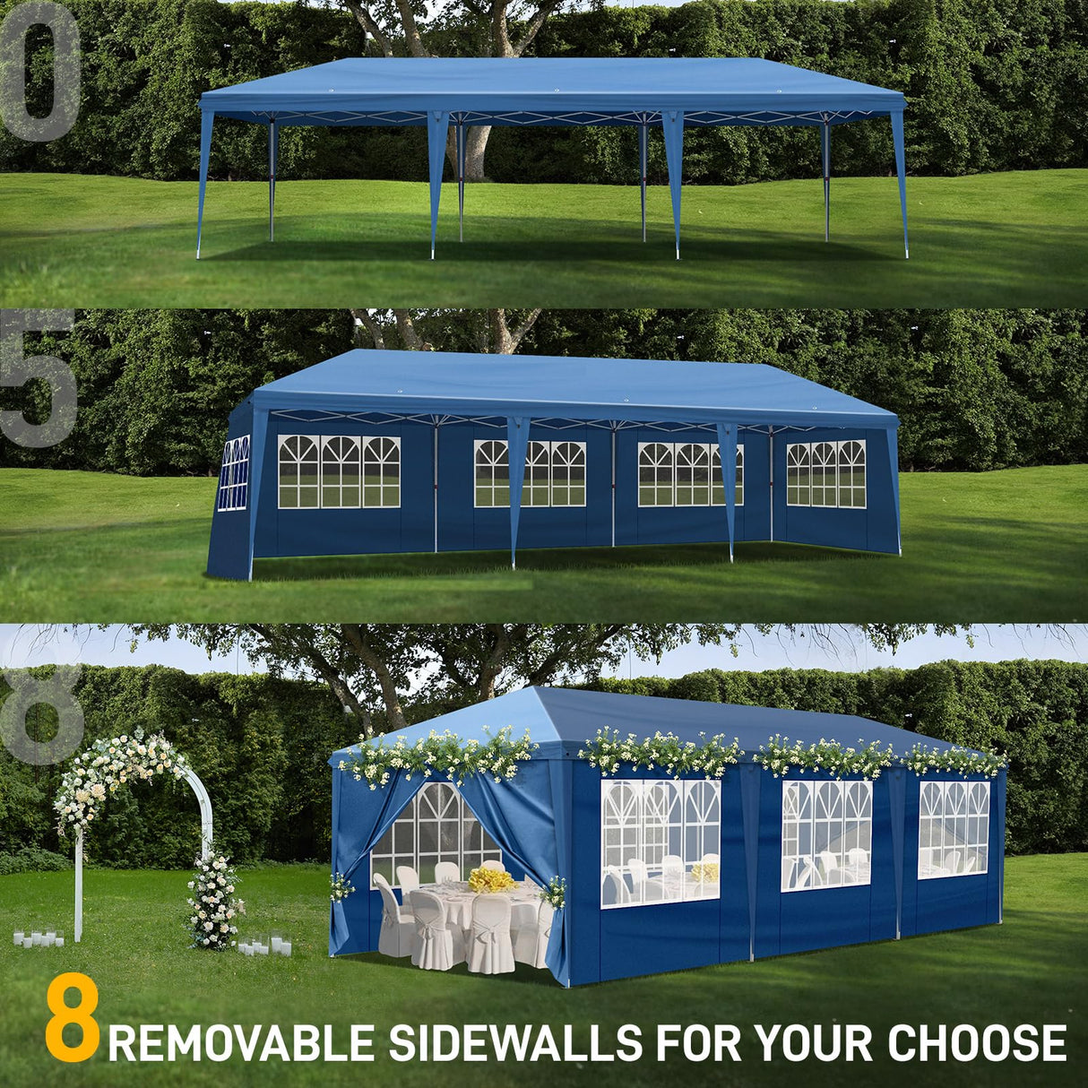 Outvita 10x30ft Ez Pop Up Canopy, Portable Instant Canopy Tent with 8 SideWalls for Outdoor Events, Party, Wedding, Birthday,Graduation Blue Outvita