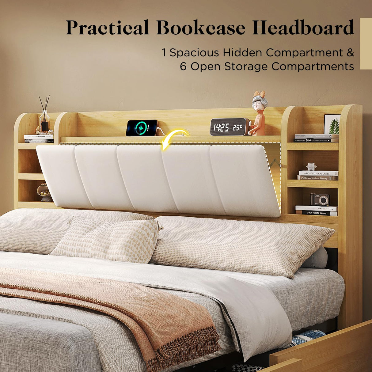 LUXOAK Queen Size Padded Upholstered Bed Frame with Headboard, Platform Bed Frame with 4 Storage Drawers & Private Storage, Bookcase Bed Frame with Charging Station, No Box Spring Needed, Maple LUXOAK