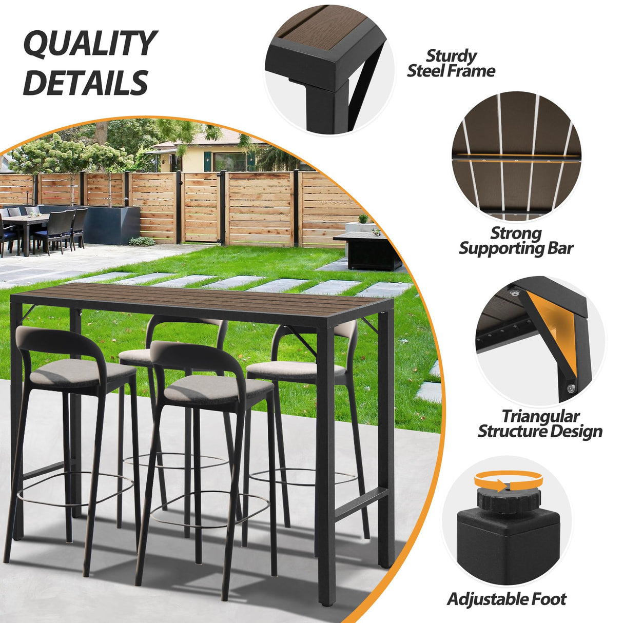 Raysfung Outdoor Bar Table, 55” Patio Bar Height Table, Bar Counter Pub Dining Table with Waterproof Top for Balcony, Garden, Yard, Poolside (Brown) Raysfung