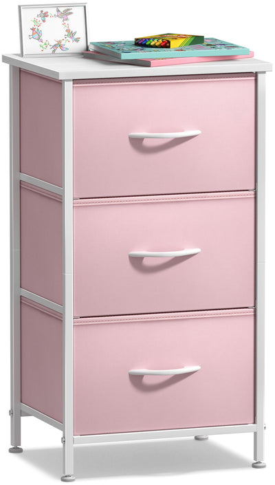 Sorbus Nightstand with 3 Drawers - Bedside Furniture & Accent End Table Chest for Home, Bedroom Accessories, Office, College Dorm, Steel Frame, Wood Top, Pastel Fabric Bins (Pink)