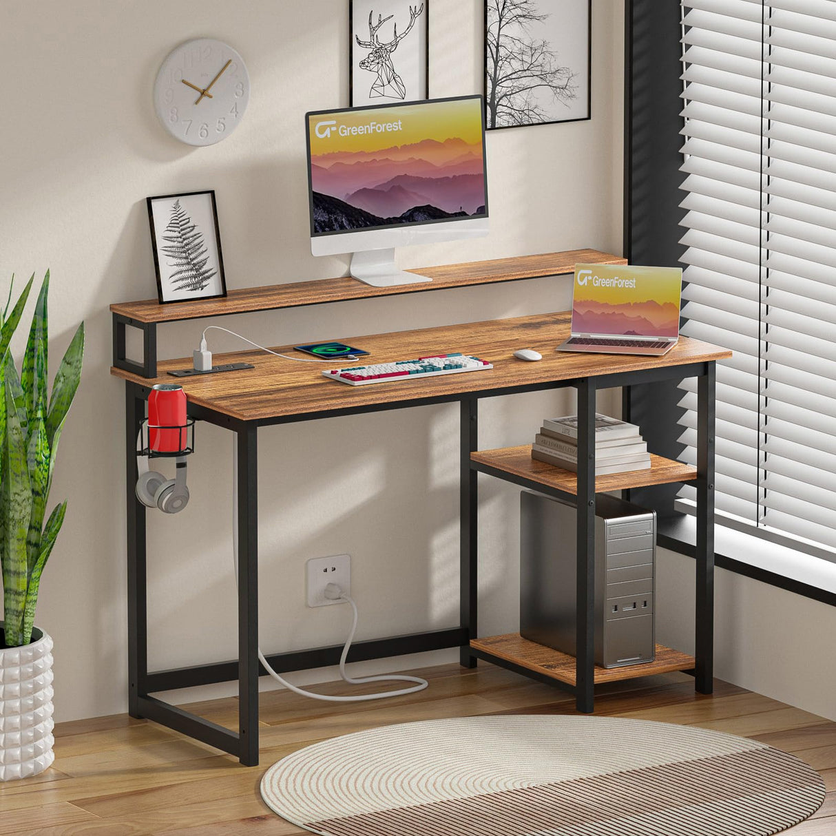 GreenForest 47 inch Computer Desk with Power Outlets, Small Home Office Desk with Ergonomic Monitor Stand, Reversible Gaming Desk, Modern Study Desk, Laptop Desk, Walnut GreenForest