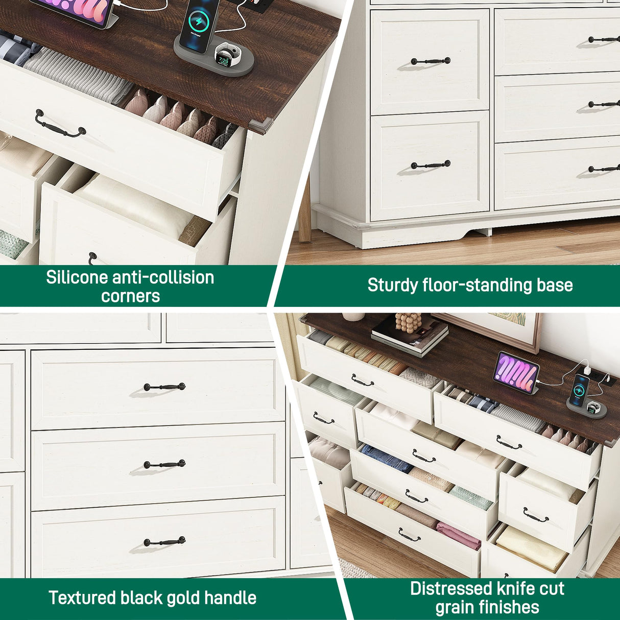 jiteentarou Farmhouse 9 Drawer Dresser for Bedroom,63” Wood Dresser & Chest of Drawers with Power Outlets,Large & Wide Dressers for Bedroom,Tall Storage Dresser Organizer(White) jiteentarou