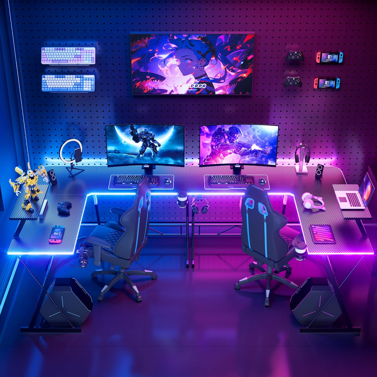 Mr IRONSTONE Gaming Desk with LED Lights, L Shaped Desk Corner with Cup Holder & Headphone Hook, Computer Desk Home Office Desks with Large Monitor Stand, Carbon Fiber Surface, Black 51 Inch Mr IRONSTONE