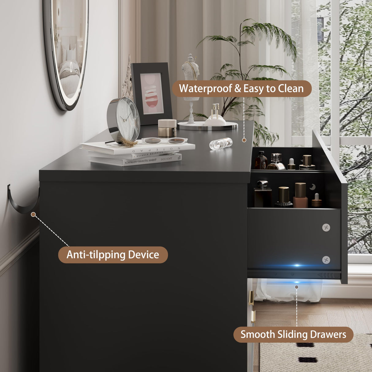 Dresser for Bedroom, 6 Drawer Wide Modern Chest of Drawers with X-Shaped Sturdy Base, Wood Double Dresser Closet Clothes Storage Organizer, Wooden Dresser TV Stand for Living Room, Hallway, Black Xixini