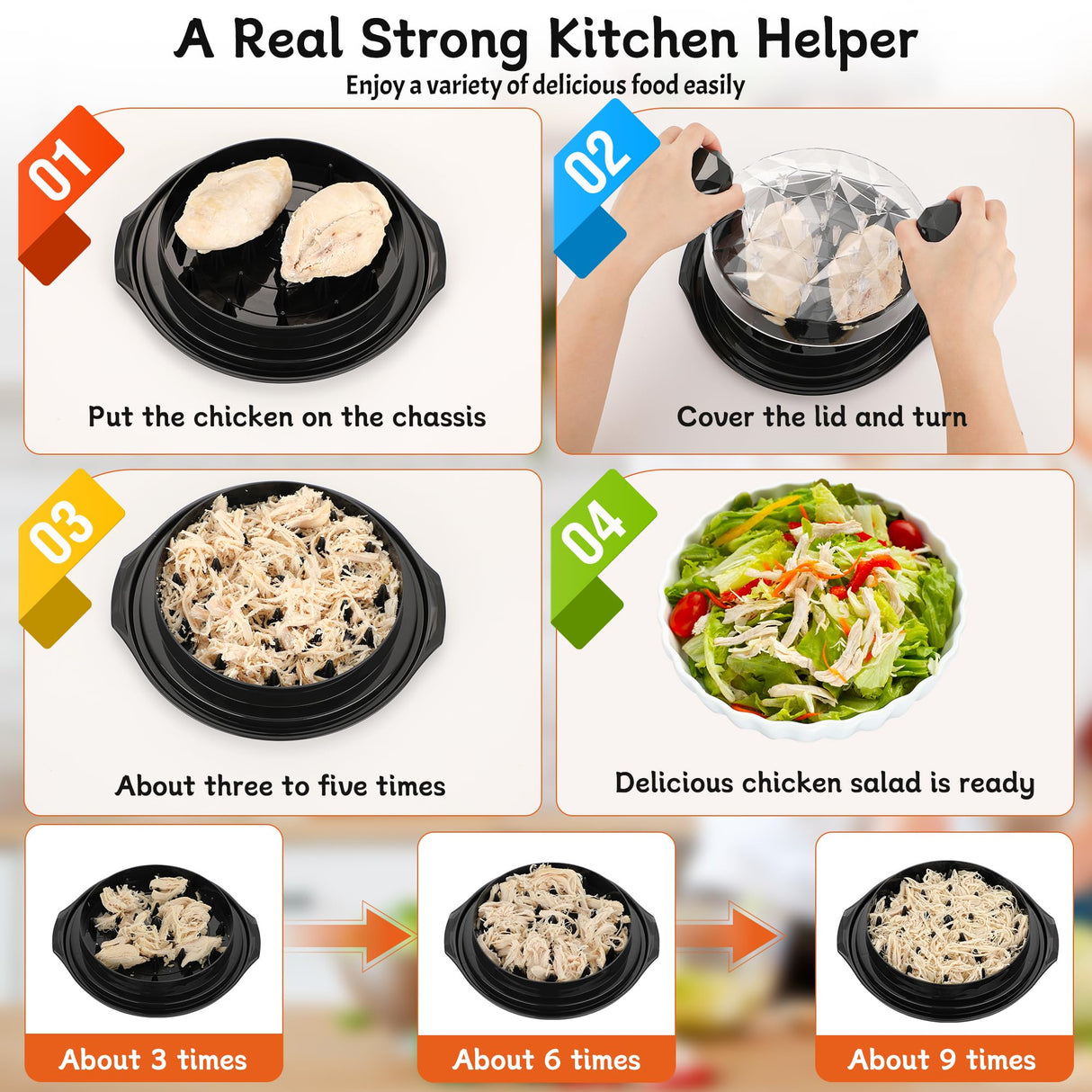 Chicken Shredder Tool Twist Large with Brush, 10" Pro Visible Kitchen Meat Shredder Grinder Machine, Strong Anti-Slip Base, Ergonomic Handle, BPA Free, Suitable for Steak Pork Chicken Breast (Black) Beiyunee