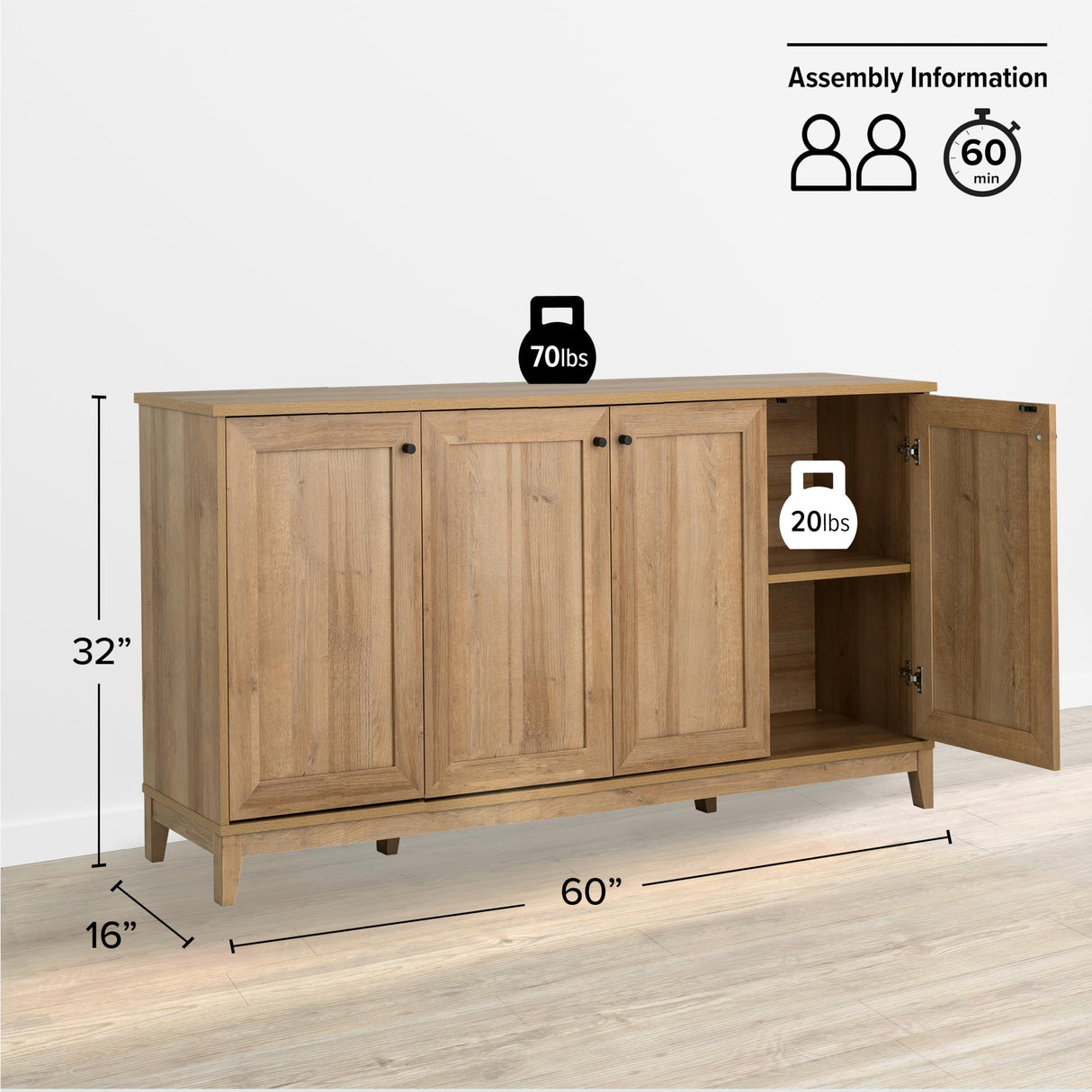 Prepac Yaletown 4 Panel Door Console Table with Storage, Oak Storage Cabinet with Doors and Shelves, Sideboard Storage Cabinet 60" W x 32" H x 16" D, OCBG-2220-1 Prepac