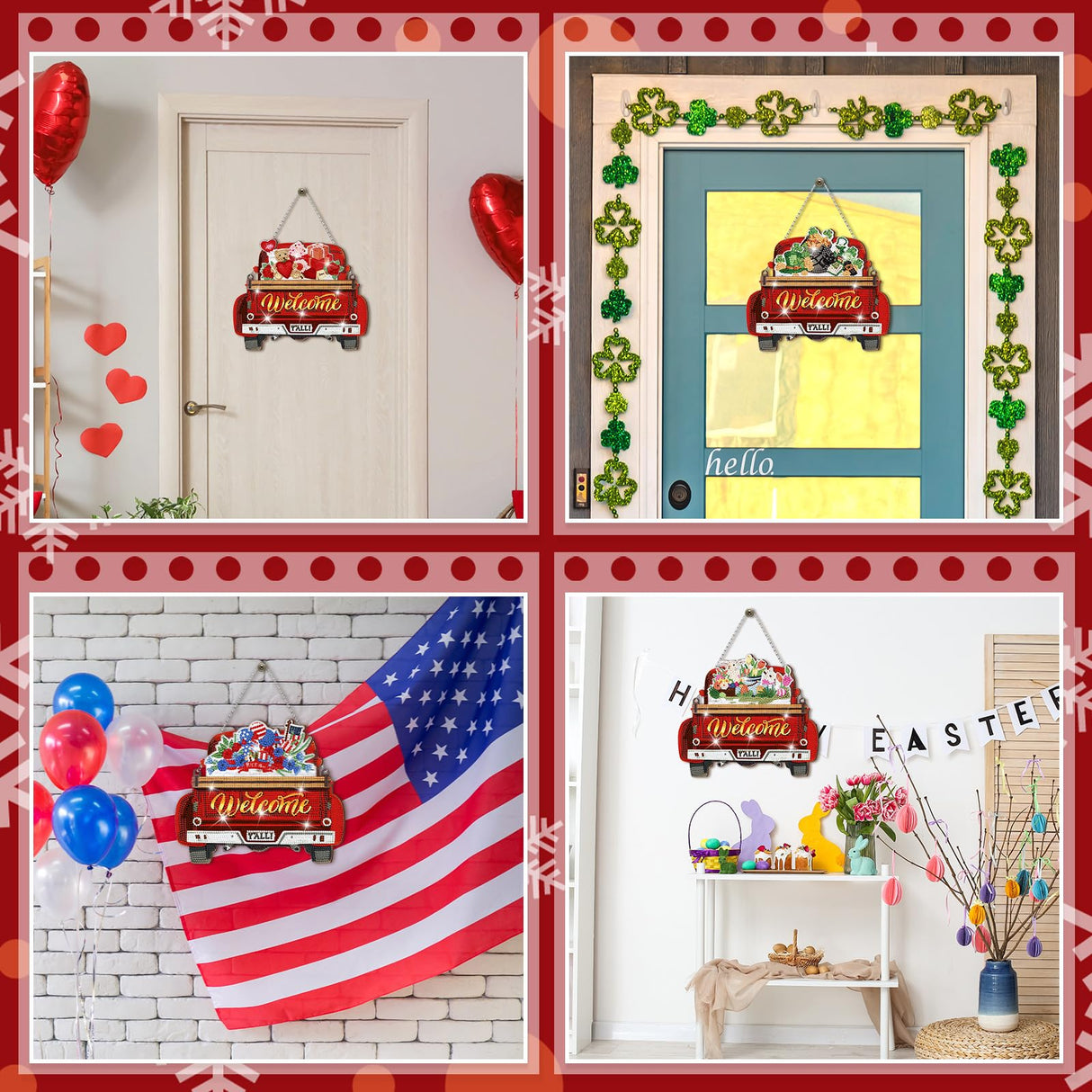 Burbell 21 Pcs Interchangeable Diamond Painting Welcome Sign for Front Door Diamond Painting Truck Decor Interchangeable Seasonal Welcome Sign for DIY Art Kit Wall Window Door Farmhouse(Red) Burbell