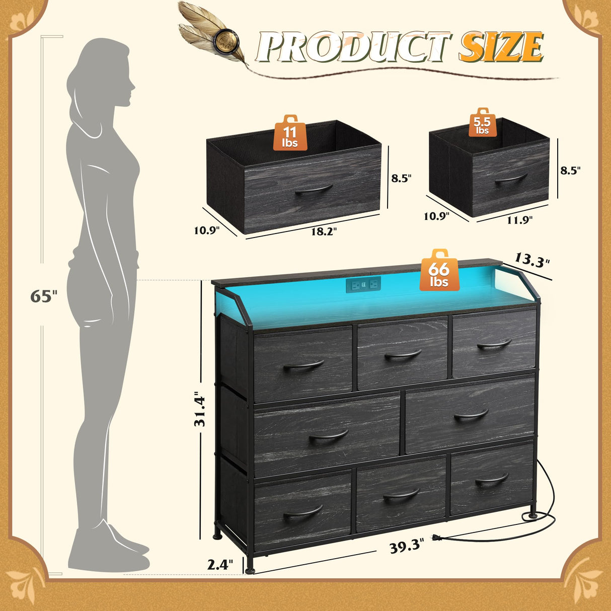 WLIVE Led Dresser for Bedroom, TV Stand for Bedroom with LED Lights and Power Outlet, Wide Chest of Drawers for Hallway, 8 Fabric Drawers for Living Room and Entryway, Charcoal Black Wood Grain Print WLIVE