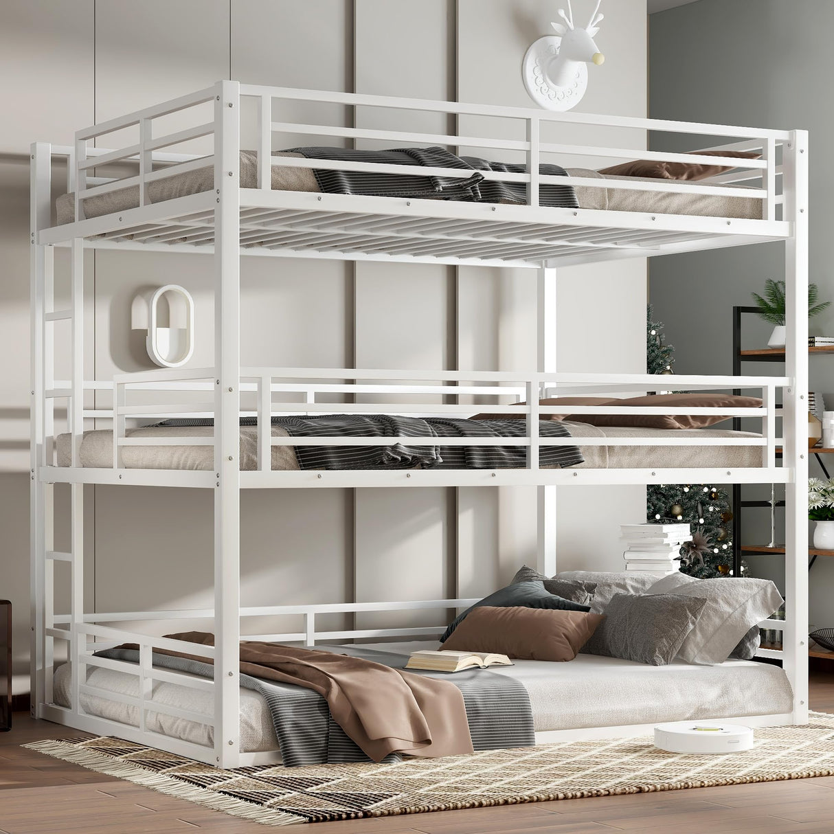 Bellemave Triple Bunk Bed Queen Size, Heavy Duty 3 Bunk Beds with Safety Guardrails and Noise-Reduced Design, Metal Triple Bed for 3 Kids, Teens, Adults, No Box Spring Needed White Bellemave