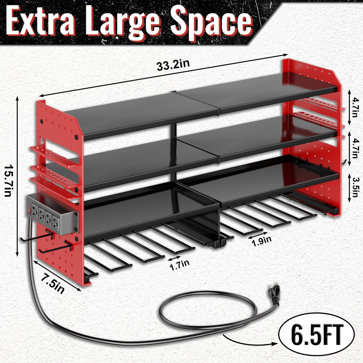 VeyFolzin.st Large Power Tool Organizer Wall Mount with Charging Station, 4 Layer Heavy Duty Metal Cordless Tool Organizer, Tool Storage Rack with 8 Cordless Drill Holder Screwdriver Hammer(Red) VeyFolzin.st