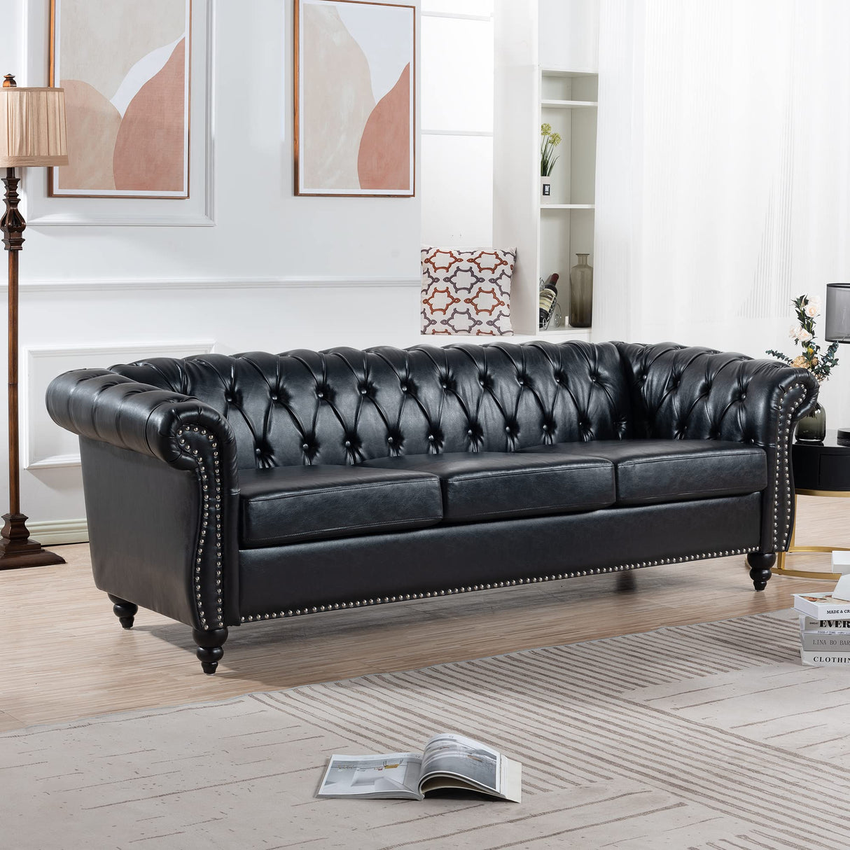 Ball & Cast 84" Chesterfield Leather Sofa with Channel Tufted Seat Back,Classic 3 Seater Couch w/Roll Arm Nailhead Trim and Upholstered,Mid Century Furniture for Living Room,Bedroom,Office,Black PU Ball & Cast