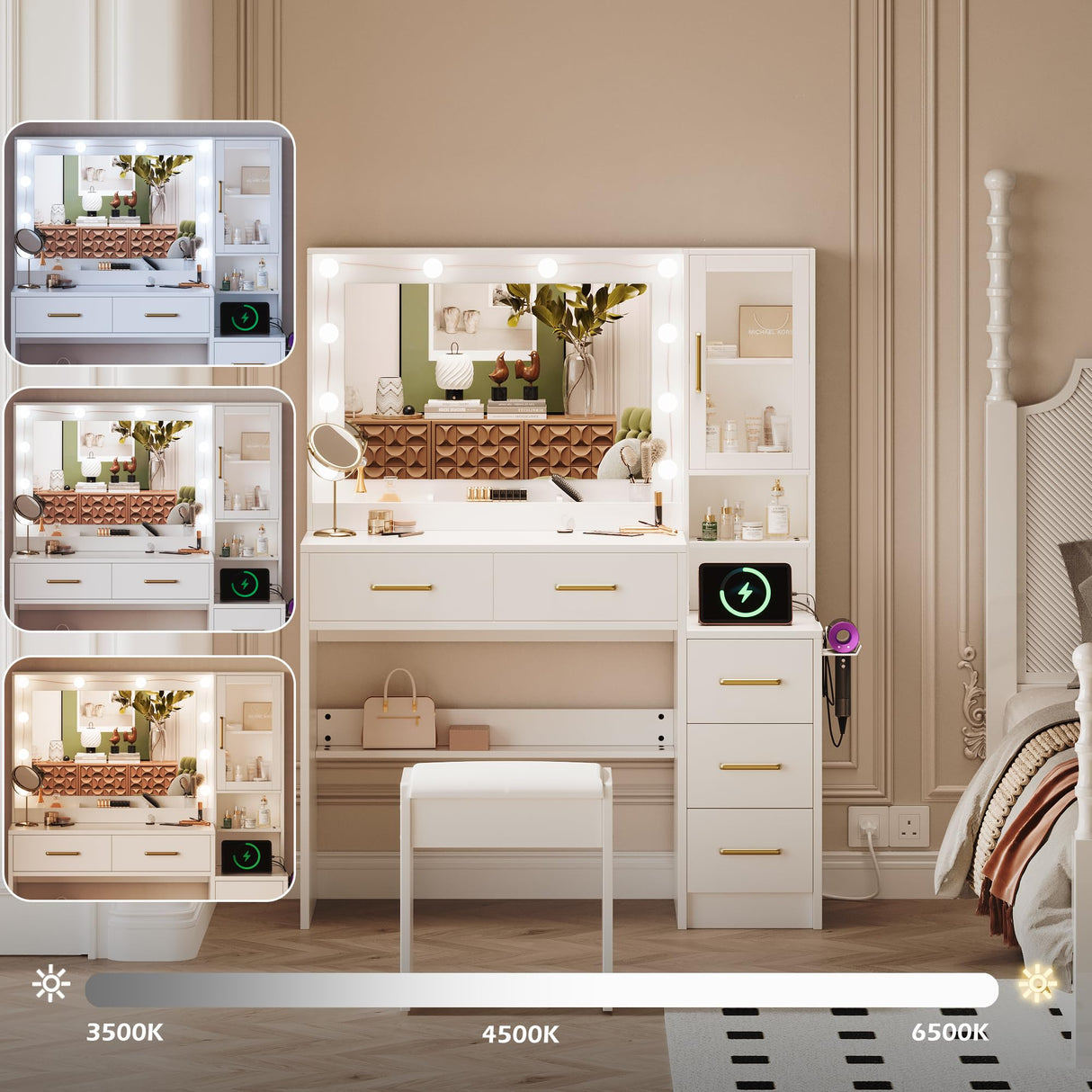 35.4" Makeup Vanity Desk with Charging Station, White Makeup Dressing Table with Mirror & Lights, 3 Lighting Modes Adjustable Brightness, Vanity Table with Power Outlet &5 Drawers Gold Handle lertrugs