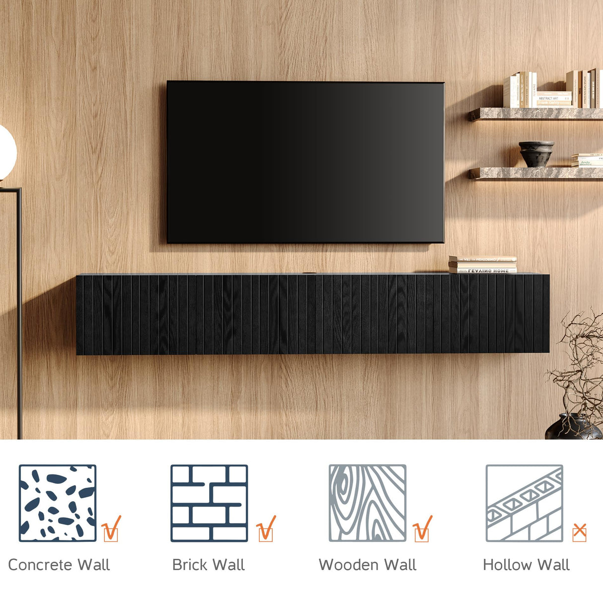 FITUEYES Large Floating TV Shelf Wood Media Entertainment Center,Wall Mounted Shelf with 3 Fluted Doors for TVs up to 80",Floating Storage Cabinet Under TV for Living Room, Bedroom,Black FITUEYES