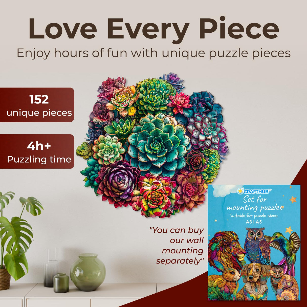 Crafthub Flowers Wooden Puzzles for Adults – A3 Mandala Succulent Plants with 152 Pieces Wood Puzzles – Jigsaw Puzzles with Unique Animal Shapes – 10.8" x 10.3" CRAFTHUB