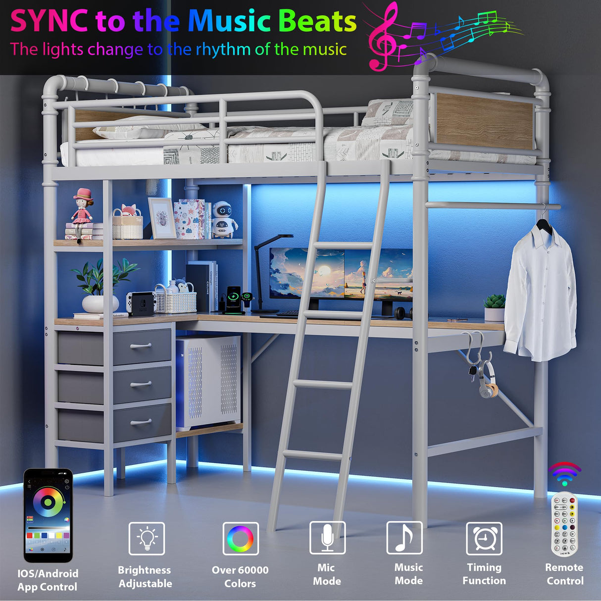 Jocoevol Twin Size Heavy Duty Metal Loft Bed with L-Shaped Desk, LED Lights,Charging Station, Industrial Loft Bed Frame with 3 Storage Shelves and 3 Fabric Drawers, Safety Guard & Ladder (White) Jocoevol