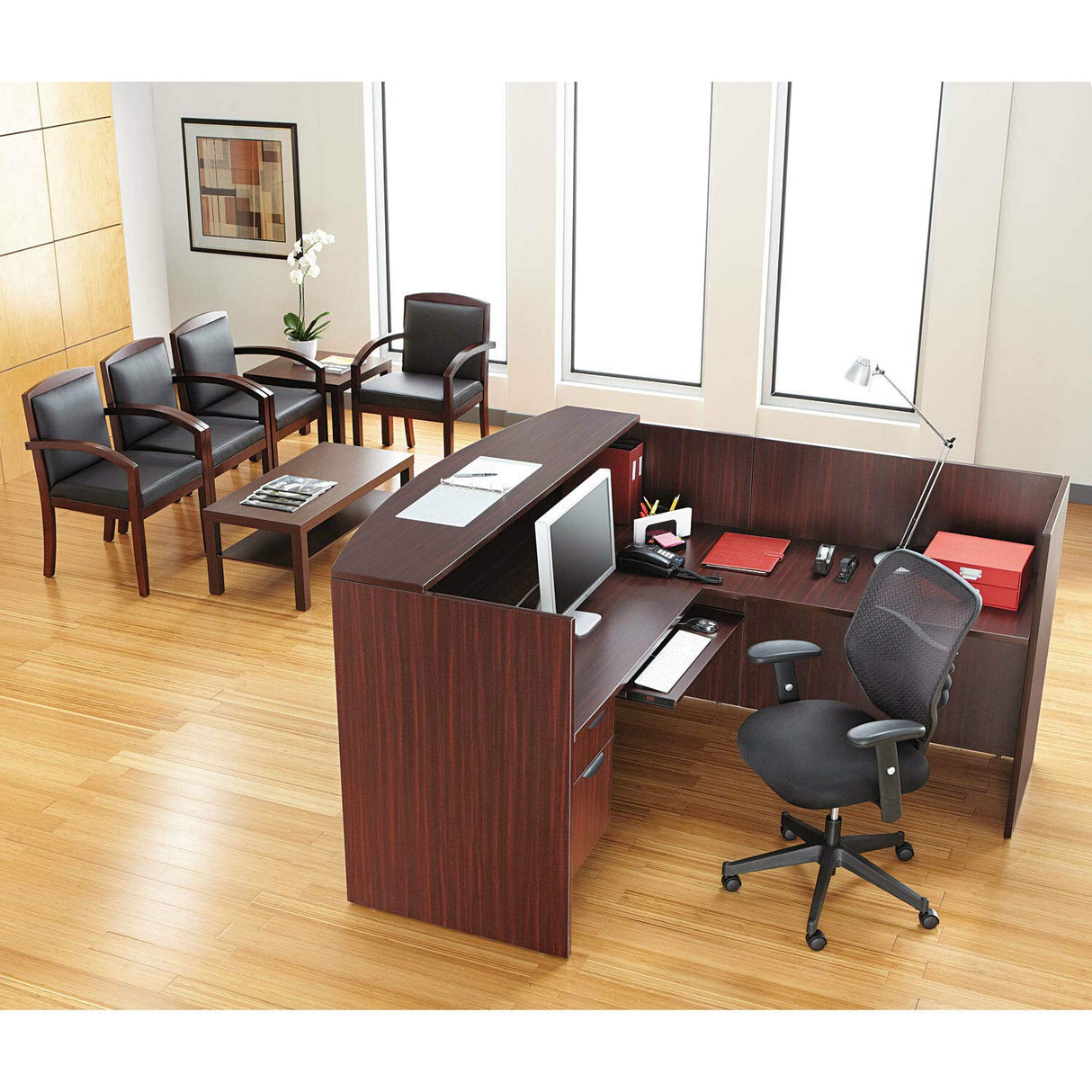 Valencia Single Pedestal Reversible L Shape Laminate Reception Desk in Mahogany Finish Valencia