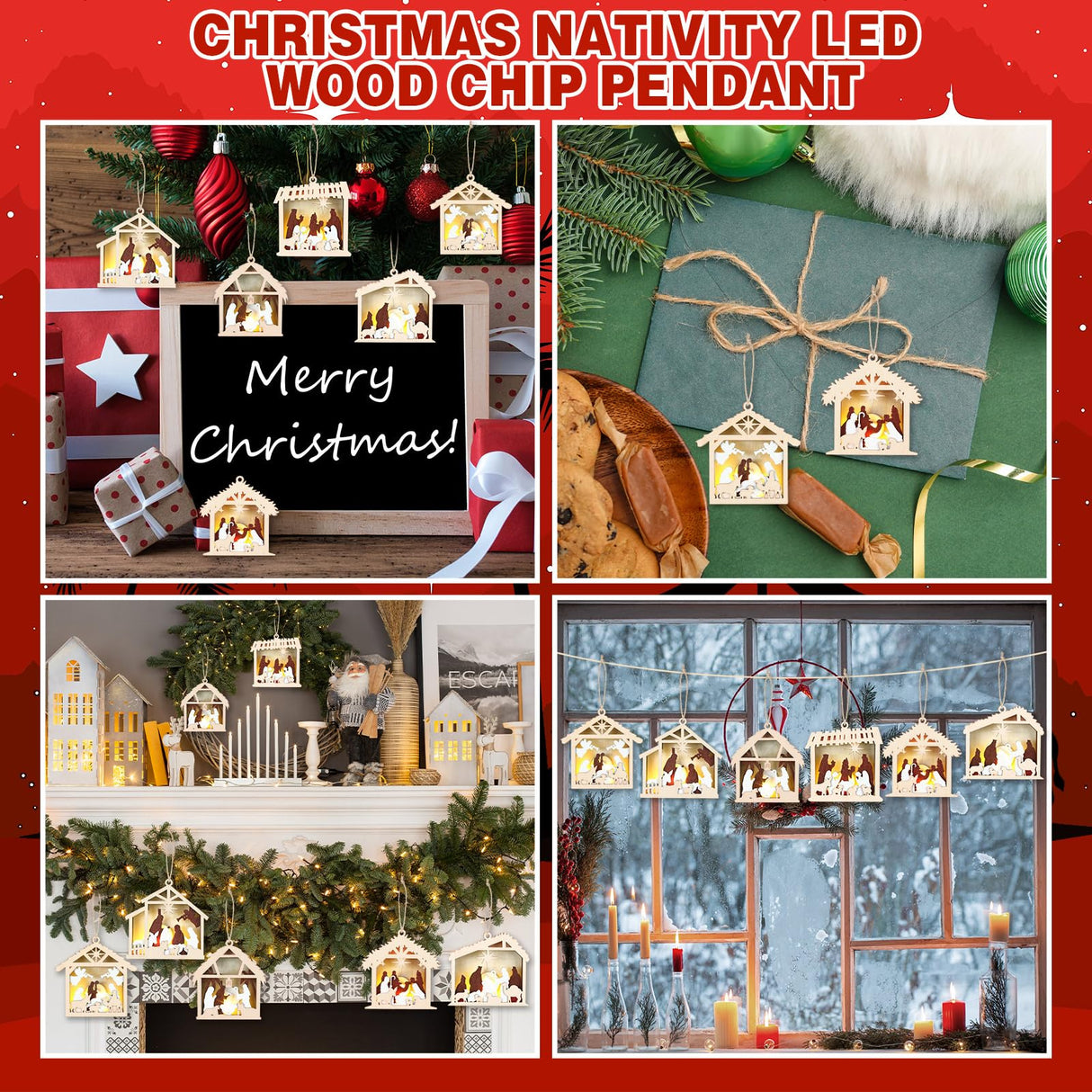 Anglechic 6 Pcs LED Nativity Scene Wooden Ornament 3D Christmas Religious Ornaments Rustic Light up Nativity Hanging Ornaments for Birth of Jesus Xmas Tree Christian Gift Holiday Party Decor(House) Anglechic