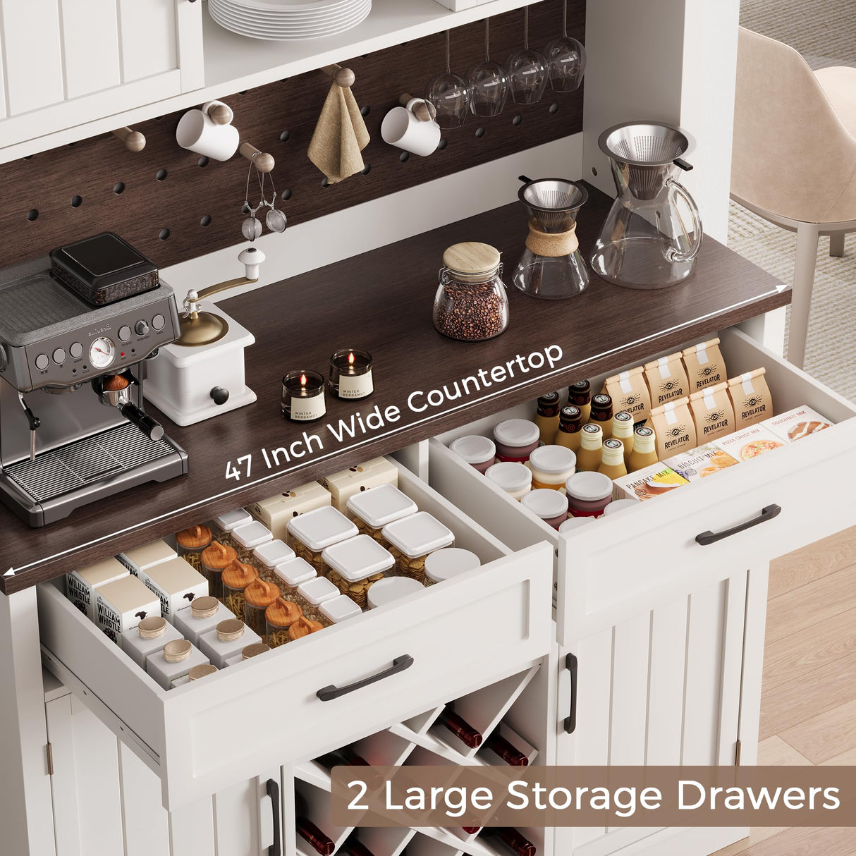 72" Coffee Bar Cabinet with Power Outlet & LED Light, Farmhouse Large Kitchen Hutch with Sliding Barn Door, Tall Bar Cabinets with Storage Drawers & Wine Glass Rack,Pantry China Cabinet for Home,White Jocoevol