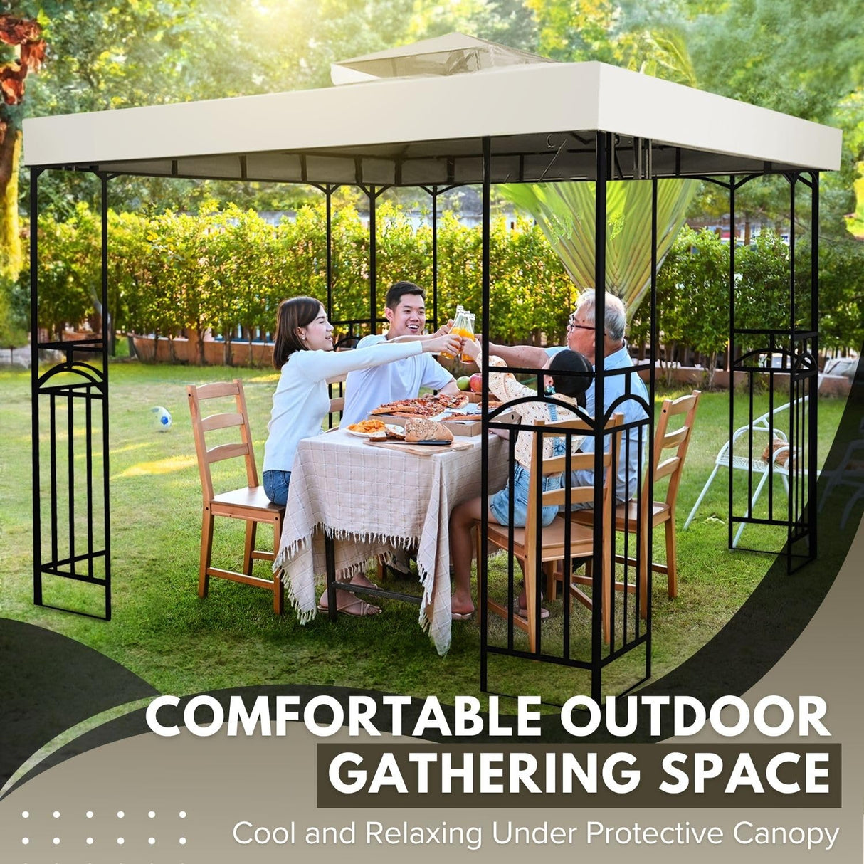 Flexzion 8'x8' Gazebo Top Canopy Replacement Cover (Ivory) - Dual Tier with Plain Edge Polyester UV30 Protection Water Resistant for Outdoor Garden Patio Lawn Sun Shade Flexzion