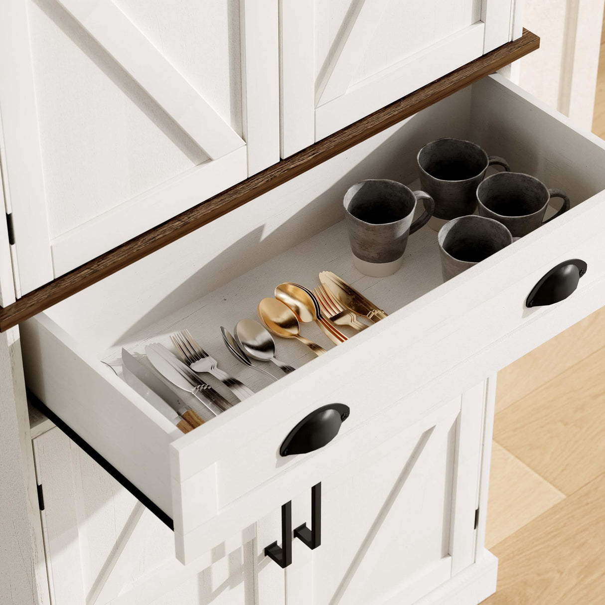 ChooChoo Farmhouse Kitchen Pantry Cabinet with Drawer, Tall Storage Cabinet with Door Shelves and Adjustable Shelves, Freestanding Cupboard for Kitchen, Dining Room, Antique White & Brown ChooChoo