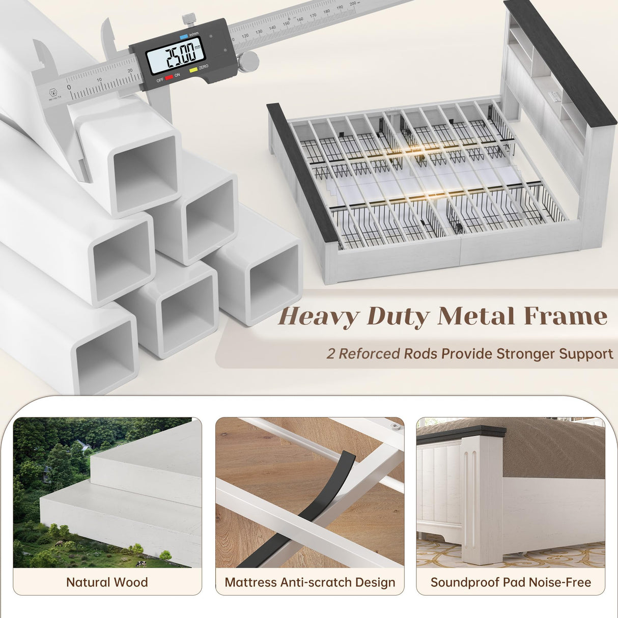 EnHomee King Bed Frame with Headboard and Storage, 4 Drawers & LED & USB King Bed Frame with Storage Farmhouse King Size Bed Frame Built in Charging Station,NO Noise,No Box Spring Needed,White EnHomee