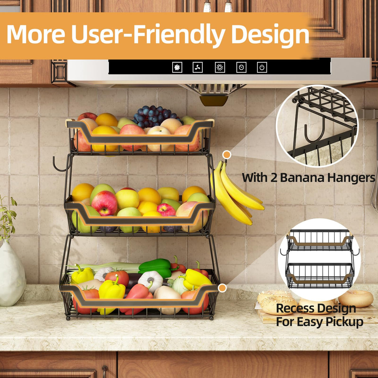 GILLAS 3 Tier Countertop Fruit Basket with 2 Banana Hangers for Kitchen, Detachable Metal Organizer for Bread Vegetable Fruits with Wooden Handle, Large Capacity Rectangular Storage Stand Bowls, Black GILLAS