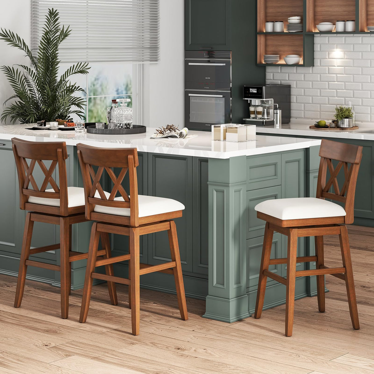 Giantex 31" Bar Stool, Swivel Bar Height Bar Chair with Contoured Backrest, Padded Seat & Rubber Wood Legs, Farmhouse Wooden Barstool for Kitchen Island, Restaurant & Pub Giantex