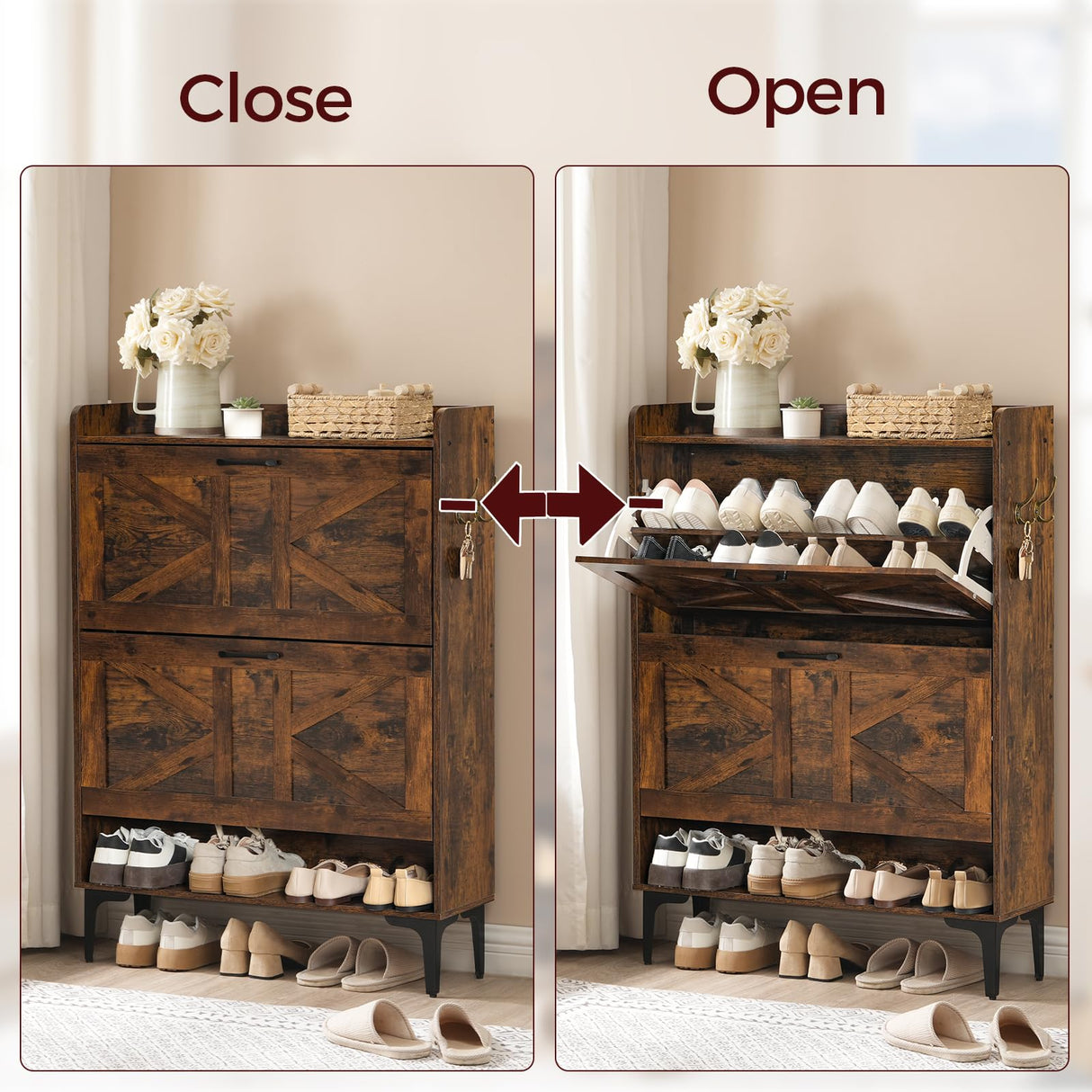 MAHANCRIS Shoe Storage Cabinet, Shoe Organizer with 2 Flip Drawers, Hidden Shoe Storage for Entryway, Freestanding Organizer with Open Storages, Rustic Brown SHHR9401N1 MAHANCRIS