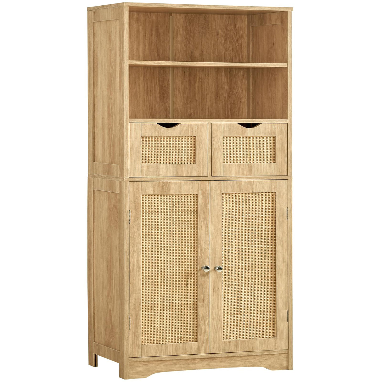 Iwell Tall Storage Cabinet, Rattan Cabinet with 2 Drawers & Adjustable Shelf, Accent Cabinet for Living Room, Dining Room, Home Office, Natural Iwell
