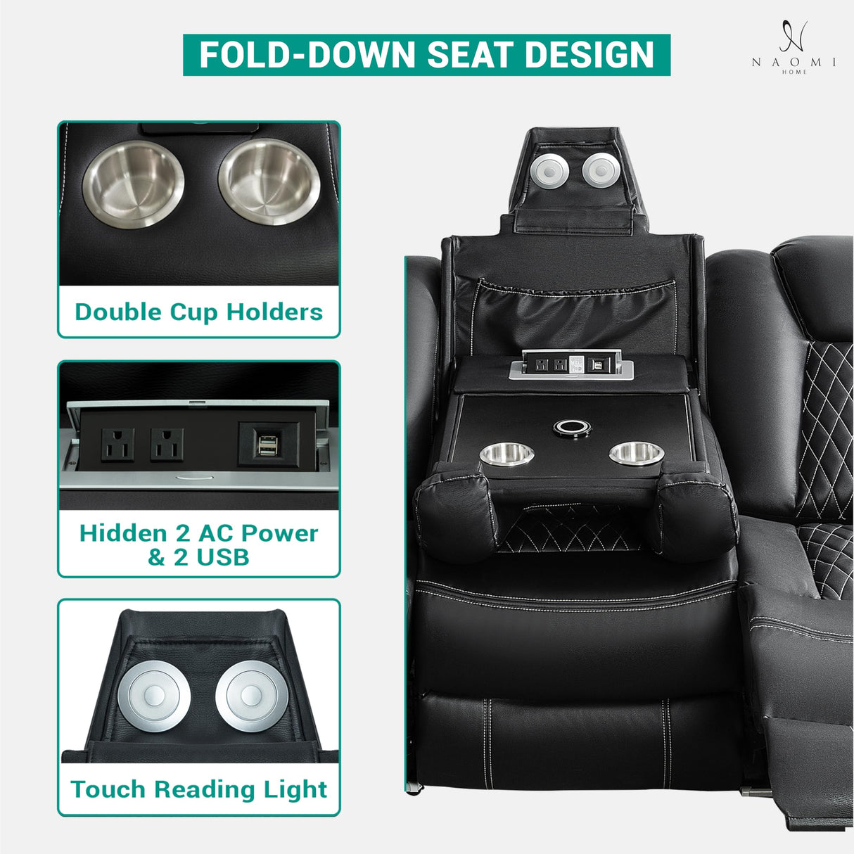 Naomi Home Chicago Sofa Black Air Leather – Premium 3-Seater Reclining Sofa with Console, Cup Holders, USB Ports, Pillow Top Armrests & Split Back Design – Modern Faux Leather Couch for Living Room Naomi Home