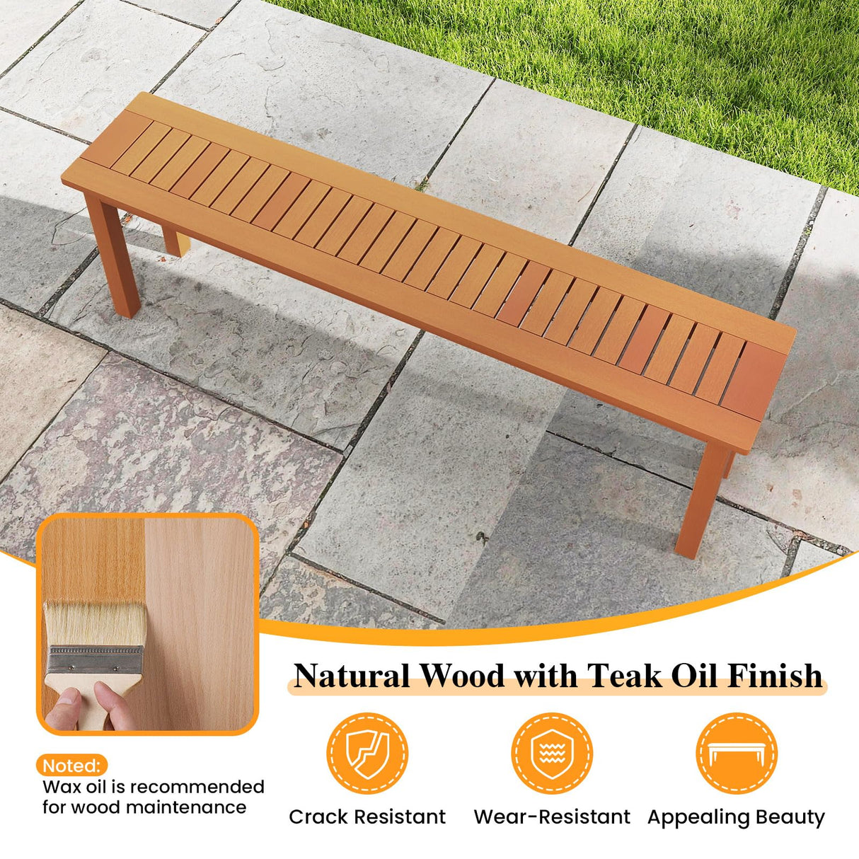 Tangkula Outdoor Wood Bench, 59” Long Patio Dining Bench Set of 2, Backless Wooden Bench with Teak Oil Finish & Slat Seat, Accent Entryway Bench, Farmhouse Bench for Yard, Garden, Porch, Indoors Tangkula