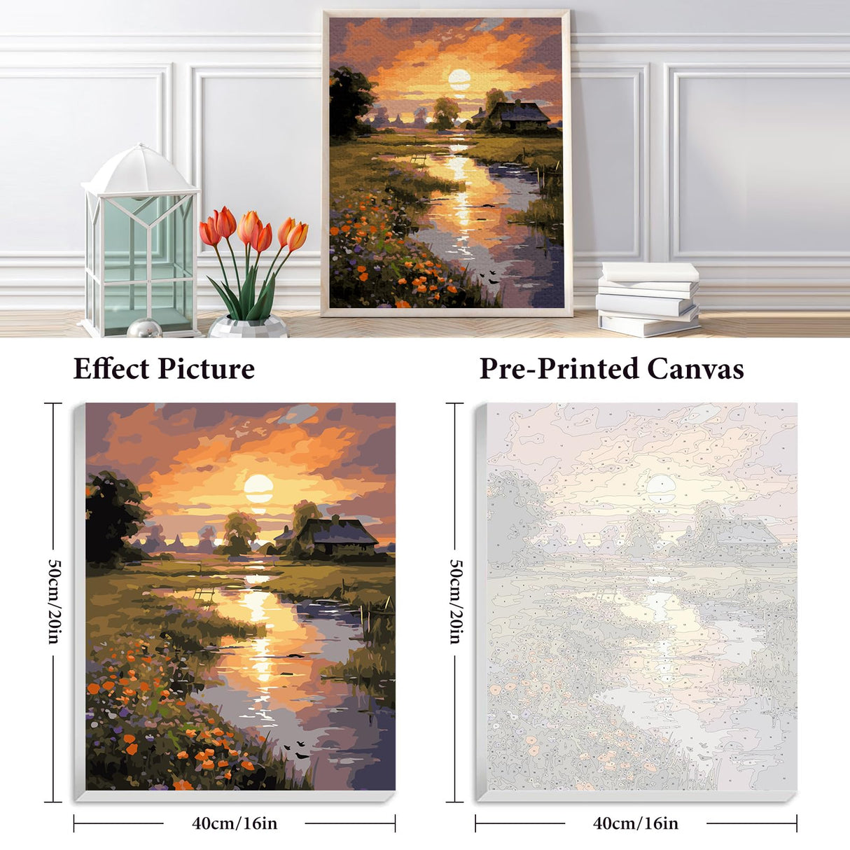 Framed Paint by Numbers Kit for Adults Beginner, Countryside Sunset Adult Paint by Number Kits on Canvas, Riverside Cabin Oil Painting by Numbers for Home Decor Gift 16” W x 20”L Fountor