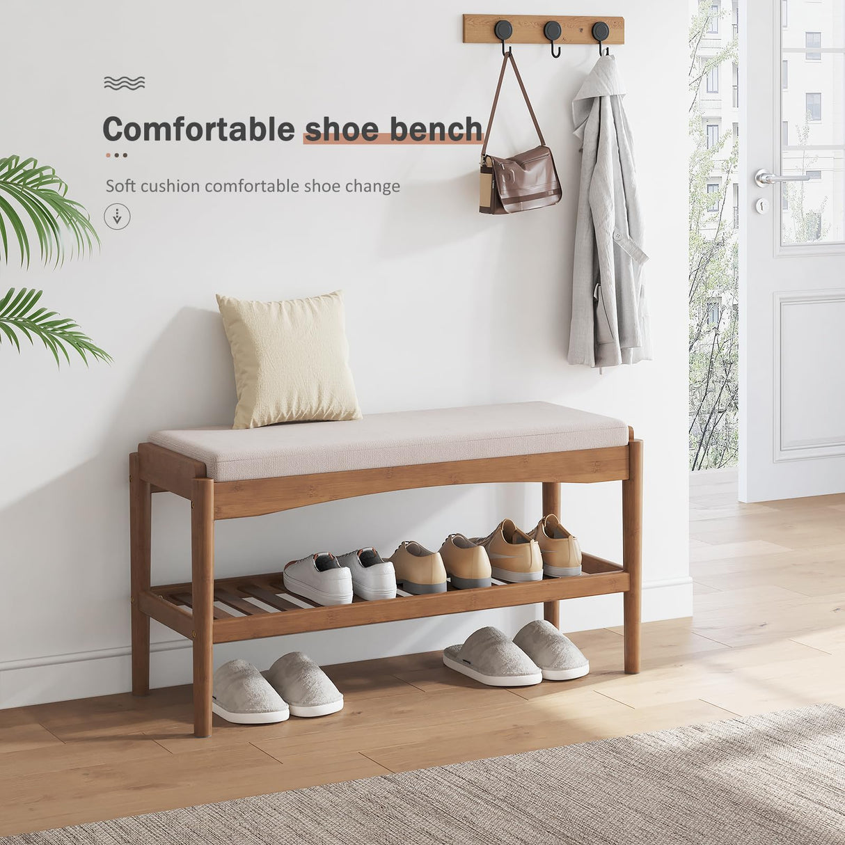 STDDRE Shoe Bench Entryway Bamboo 2-Tier Shoe Rack with Cushion Padded Seat Shoe Bench Organizer Stable for Entry, Hallway, Living Room, Bedroom, Closet (31.5 * 11.4 * 16.5IN, Brown-Beige) STDDRE