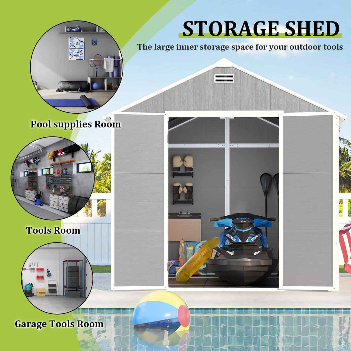 Outdoor Storage Shed 8x8 FT, Resin Shed with Floor & Window, Lockable Door, Vents, Outside Sheds & Garden Shed for Patio Furniture, Gardening Tools, Pool Equipment (Grey, 8 * 8ft) OUEEEDD