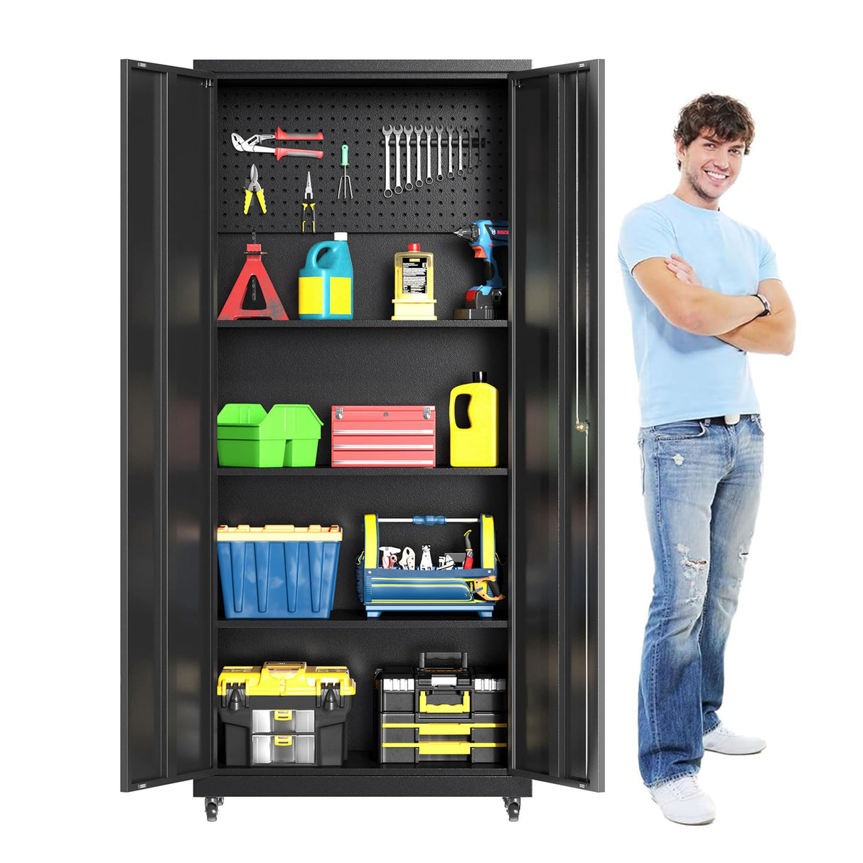 Metal Garage Storage Cabinet with Wheels, 71"H Tool Storage Cabinet with Doors and Adjustable Shelves, Locking Garage Cabinets and Storage System for Utility Home, Warehouse, Workshop, Basement PIYAZEE