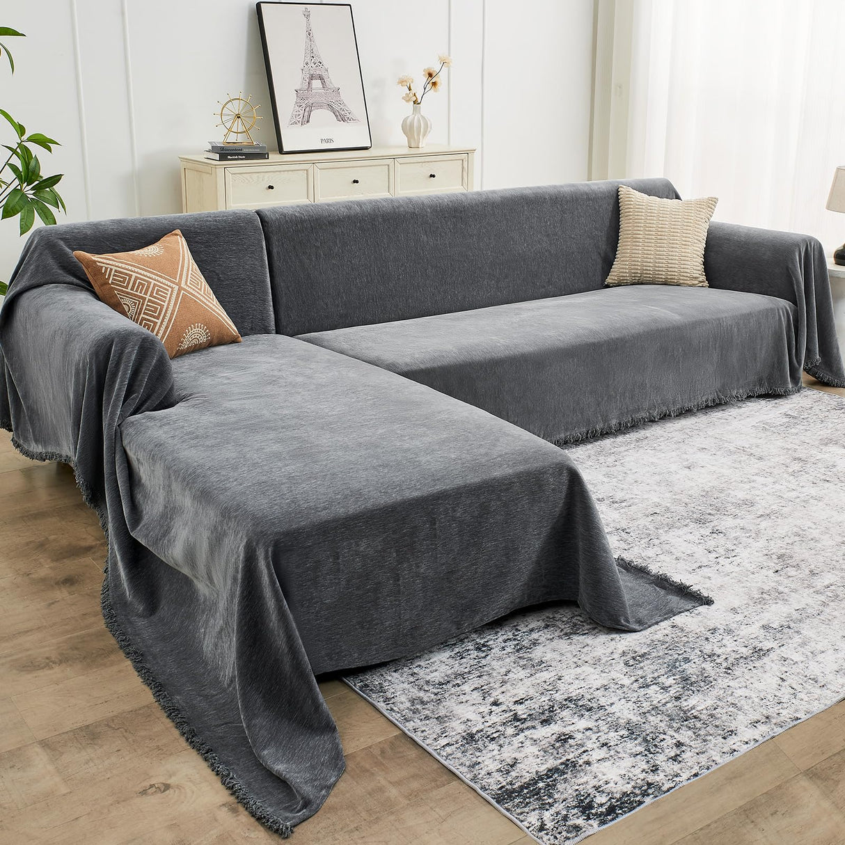 CAPALOCA Sectional Couch Covers, 2 Pieces Chenille Sofa Cover L Shaped Couch Cover Blanket for Dogs Washable Sofa Slipcovers Pet Furniture Protector (X-Large: 71" x 110" + 71" x 118", Dark Gray) CAPALOCA